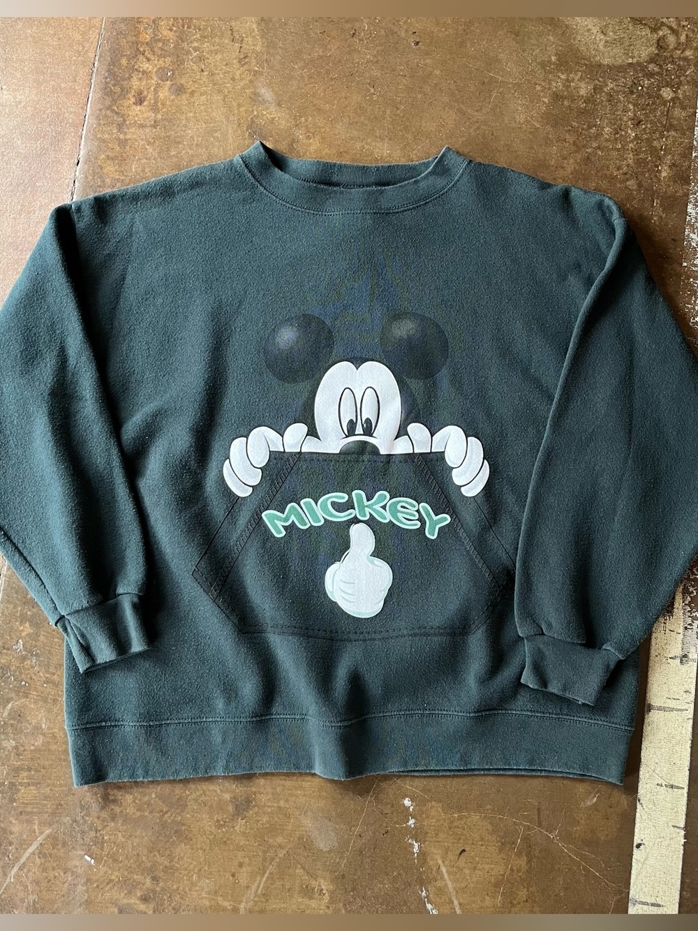 Vintage Y2K Mickey Mouse Disney Dark Green Pocket Graphic Crewneck Sweatshirt ML